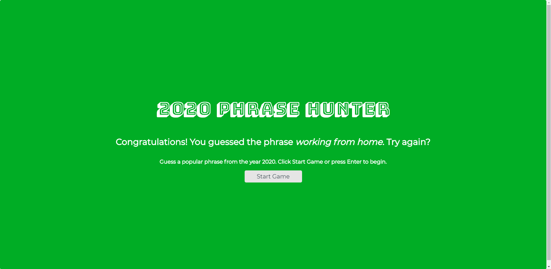 Screen capture of 2020 Phrase Hunter: Object-Oriented Programming Game